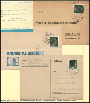 Poststück - Wien Postamt 107 philatelistische Dokumentation 1945 ca. 60 Belege auf Ausstellungsbl., - Stamps and postcards
