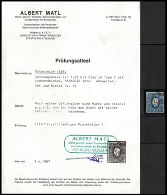 .gestempelt - Österr. Nr. 16 blau mit Teilabschlag des Lombardeistempels MENAGGIO 28/4, - Známky a pohlednice