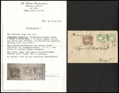 Poststück - Lombardei Nr. 8 (2) + 10II mit Entwertung "PADOVA 22/9"auf kleinem Kuvert nach Firenze aus 1862, - Francobolli e cartoline