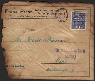 Poststück - Österr. Nr. 185 auf Drucksache von Linz nach Graz mit Vermerkstempel "Bei einem Postwagenbrande beschädigt,", - Francobolli e cartoline