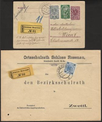 Poststück - Österr. Monarchie - 4 rekommandierte Belge aus dem SCHLOß ROSENAU aus 1892, - Francobolli e cartoline