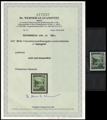 ** - Österr. Nr. 756c (STEINGRÜN) - laut Fotoattest Dr. Glavavnovitz ist die Marke"postfrisch, - Briefmarken und Ansichtskarten