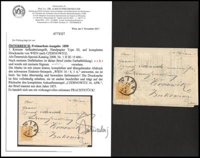 Poststück - Österr. Nr. 1H III TIEFKADMIUMGELB auf kompletter DRucksache von Wien nach Czernowitz, - Známky a pohlednice