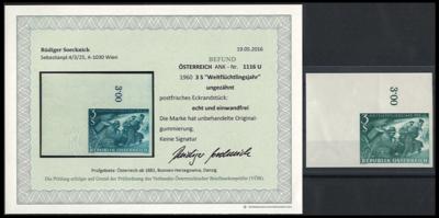 ** - Österr. Nr. 1116 U (3 S Weltflüchtlingsjahr) ungezähntes linkes oberes Eckrandstück mit Summenzähler 3.00, - Známky a pohlednice