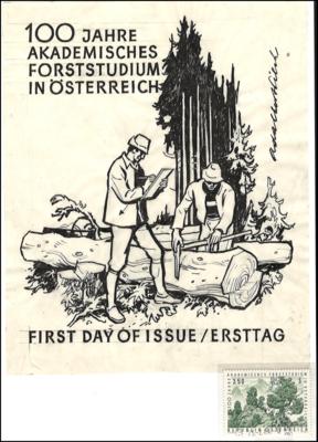 Originalentwurf zu Österr. Nr.1281 (Forststudium) von A. Pilch in Tusche auf Papier mit Unterschrift, - Známky a pohlednice