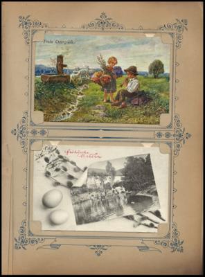 PoststückZeitgenössisches Postkartenalbum mit ca. 200 Motivkarten bzw. 9 AK (teils Lithos), - Francobolli e cartoline