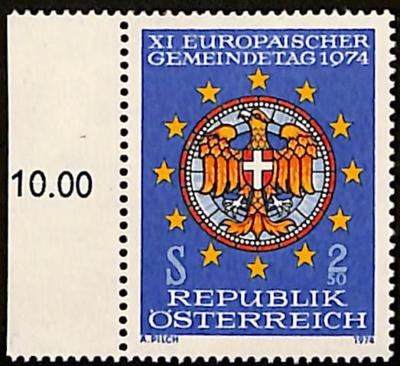 ** - Österr. Nr. (15) (nicht verausgabte Gemeindetagsmarke 1974) vom linken Bogenrand, - Stamps and postcards