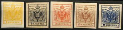 ** - Österr. - Neudrucke 1870 d. Nr. 1/5 (1 Kreuzer bis 9 Kreuzer) postfr., - Stamps and postcards