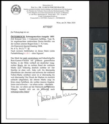 (*) - Österr. Nr. 6 Type Ib hellblau im senkrechten Dreierstreifen von der rechten unteren Bogenecke, - Stamps and postcards