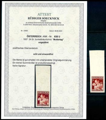 ** - Österr. Nr. 638U (Muttertag 1937 UNGEZÄHNT), - Známky a pohlednice