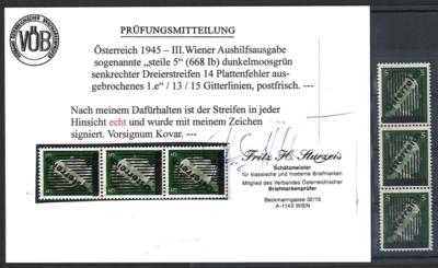 ** - Österr. Nr. 668 Ib dunkelmoosgrün im senkrechten Dreierstreifen 14 mit Pl. F. ausgebroch. 1./13/15 Gitterlinien, - Briefmarken und Ansichtskarten