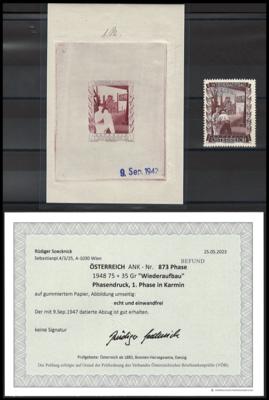 ** - Österr. Nr. 873 (75 + 35 Gr. WIEDERAUFBAU 1948) als PHASENDRUCK der 1. Phase in KARMIN, - Stamps and postcards
