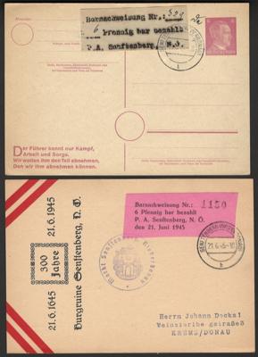 Poststück - Österr. 1945 - 3 versch. Belege mit Barnachweiszettel Senftenberg sowie 1 Karte mit Eindruck des BNW, - Stamps and postcards