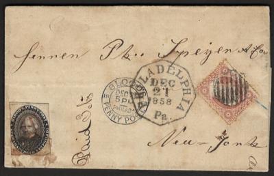 Poststück - USA 1858 selt. Mischfrankatur mit "Blood's Penny Post" attraktiver Poststück, - Stamps and postcards