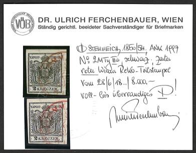 .gestempelt - Österr. Nr. 2M Type IIIa schwarz mit zartem roten Wiener Reko - Teilstempel, - Stamps and postcards