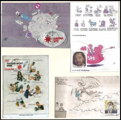 Poststück Ideenreiche Karrikaturenkarten mit entsprechenden Frankaturen, - Stamps and postcards