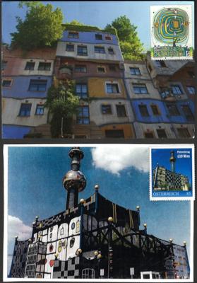 Poststück - Ideenreiches mod. Kunstkartenobjekt mit 30 Hundertwasserkarten + 12 Straßenkunst, - Briefmarken und Ansichtskarten