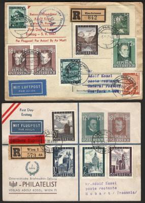 Poststück - Österr. - Flug 1947 auf 4 Reko - Flugpostbelegen meist mit Ersttagsverwendung nach New York, - Francobolli e cartoline