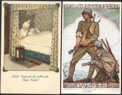 Poststück - Sammlung von ca. 360 alten AK Kunst u. Kitsch, - Briefmarken und Ansichtskarten