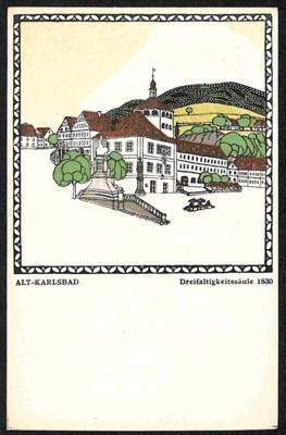 Poststück - Wiener Werkstätte WW - Karte Nr. 209 - Künstler Karl Schwetz (?): "Alt Karlsbad - Dreifaltigkeitssäule 1830", - Briefmarken und Ansichtskarten