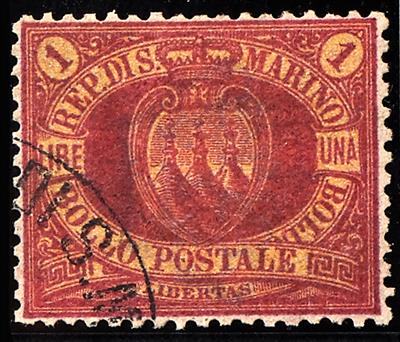 gestempelt - San Marino Nr. 20 (1 Lire karmin auf gelb), - Známky
