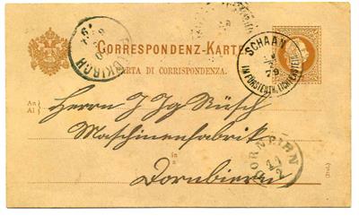 Poststück - Liechtenstein - Vorläufer Ganzsachen-Karte zu 2 Kr. Ausg. 1876 von Schaan nach Dornbirn aus 1879, - Briefmarken