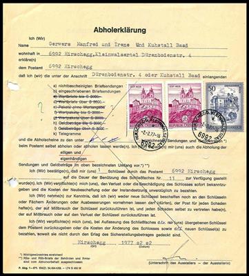 Österr. 1977 - Abholerklärung aus Hirschegg (Kleinwalsertal) mit amtl. Aktenlochung/gute Durchschnittsqual., - Briefmarken