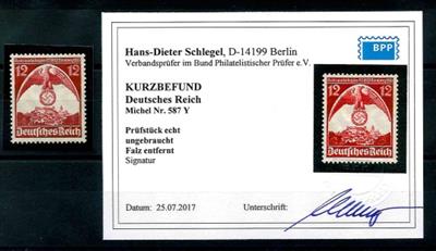 * - D.Reich Nr. 587Y (seitenverkehrtes Wasserzeichen) lt. Kurzbefund Schlegel ist die Marke "echt, - Briefmarken