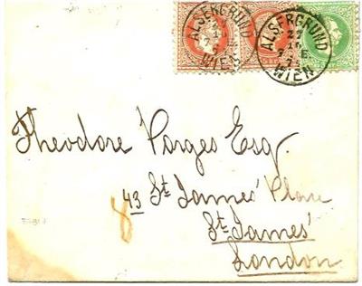 Österr. Nr. 36 I + 37 I (2) als 13 kr-Gebühr auf Briefhülle von Wien nach London, - Briefmarken
