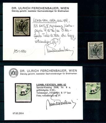 Lombardei gestempelt - 10 Centes tiefschwarz Type III o,12 mm Karton Mp und 3 Soldi gelblichgrün, - Briefmarken