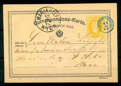 Österreich - Abstempelungen Mähren WOLFRAMITZKIRCHEN - blauer Fingerhutstempel auf gelber 2kr-Karte im Muster 1867, - Briefmarken