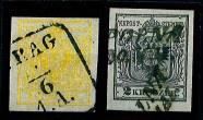 Ö Ausgabe 1850 gestempelt - 1 Kreuzer kadmiumgelb Type IIIHp und 2 Kreuzer schwarz Type Ib Seidenpapier, - Briefmarken