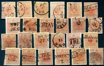 gestempelt - Lombardei 15 Centes. rot Partie auf 2 Steckkarten mit div. Farben, - Známky