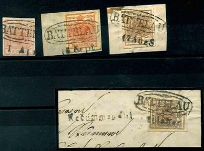 Ö Ausgabe 1850 Briefstück/gestempelt - "BATTELAU"Ovalstempel der Vorphilatelie auf 4 Freimarken, - Briefmarken