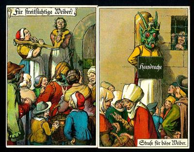 Ansichtskarten um 1900 "Hausdrache"-"Streitsüchtige - Briefmarken