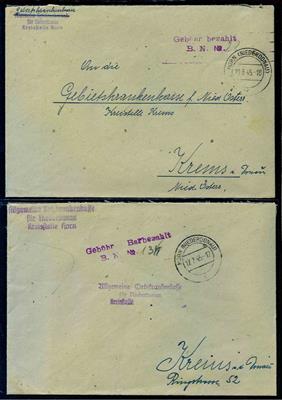 Österr. 1945 - Partie Barfrankaturen aus NÖ aus 1945 - Gars/Kamp (Reko), - Briefmarken und Ansichtskarten