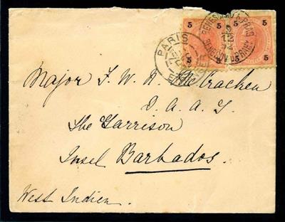 Österr. Monarchie - Brief mit 2 x 5 Kreuzer von Beneschau über Paris nach BARBADOS aus Dez. 1892, - Briefmarken und Ansichtskarten