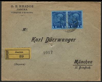 Österr. Post in der Levante Nr. 57 in Paar auf Einschreibebrief von JANINA nach MÜNCHEN, - Briefmarken und Ansichtskarten