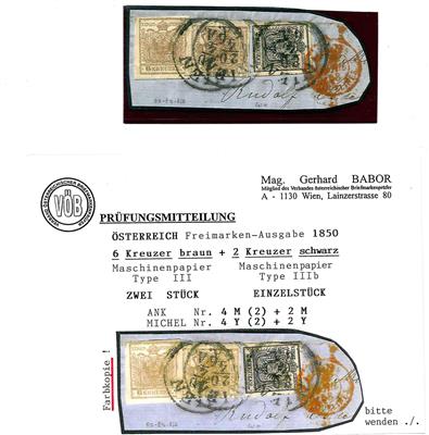 Briefstück - Österr. Nr. 4 M (2) + Nr.2 M als 14 kr.- FrankreichFrankatur, - Briefmarken