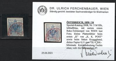 .gestempelt - Österr. Nr. 5M lebhaftblau mit Rot gestempelt nach Gutachten Dr. Ferchenbauer kl. Plattenfehler, - Briefmarken und Ansichtskarten