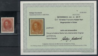 ** - Österr. Nr. 221P (15 Heller Freimarke Kaiser Karl als BOGENPROBE in OCKER), - Stamps and postcards
