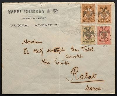 Poststück - Albanien Nr. 4 (2) + 5 + 6 zusammen auf Briefkuvert mit Stempeln VLONE/SHQIPENIE/25-7-1913 nach Rabat, - Stamps