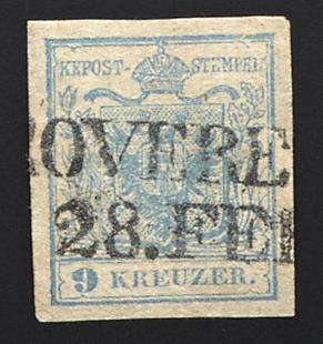 .Briefstück - Österreich Nr. 5 H I (P 27) "weiter Abstand 9-K" (mit 1,15 mm), - Briefmarken