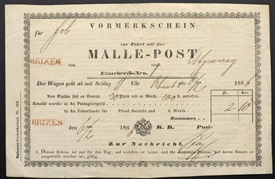 Poststück - Österr. 1866: Vormerkschein zur Fahrt mit der MALLE-POST mit roten Langstempeln BRIXEN - Známky