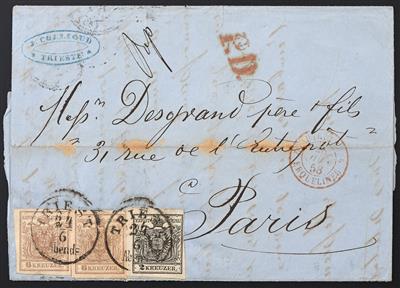 Poststück - Österr. Nr. 2 M III + 4 M III (2) auf Faltbrief mit Stempeln TRIEST nach Paris vom 24.6.1858, - Francobolli