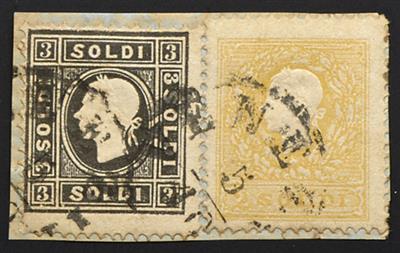 Ú - Lombardei-Venetien Nr. 6 II + 7 II auf kurzem Briefstück als patriotische Frankatur mit Stempeln VENEZIA, - Francobolli