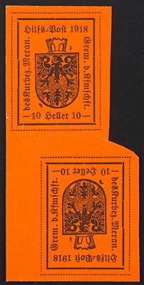 (*) - Österr. Lokalausgabe Hilfspost Meran 1918 Nr. 6 (10 H. rotorange) im senkr. Kehrdruck-Paar, - Francobolli