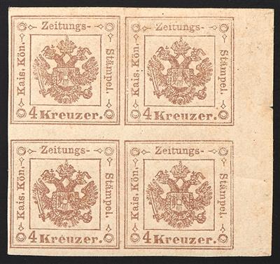 * - Österr. Zeitungsstempelmarke Nr. 4 a im VIERERBLOCK vom rechten Bogenrand (7,5 mm), - Briefmarken