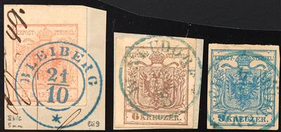 Briefstück/gestempelt - Österreich Nr. 3 M IIIb oben 5 mm Rand, Nr. 4 M III und 5 M IIIb, alle mit BLAUEN - Známky