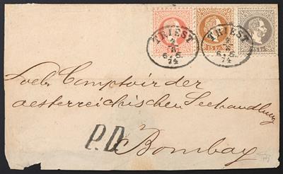 Briefstück - Österreich Nr. 40 I + 39 I + 37 I, auf Teil eines Kuverts von Triest (07.08.1874) adressiert nach Bombay - Francobolli